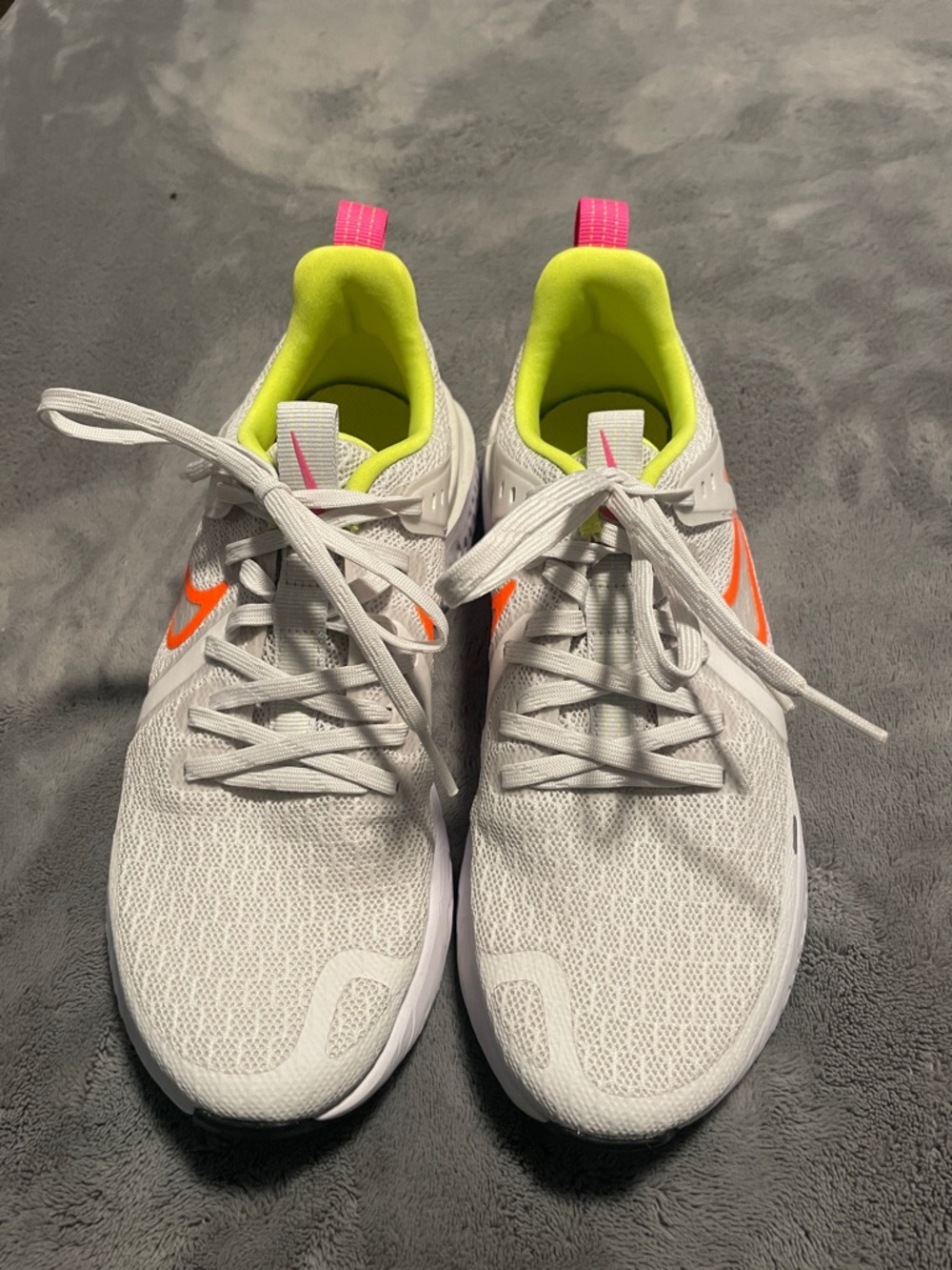 Nike White Sneakers with Neon Yellow Interior and Bright Orange Swoosh Size 7